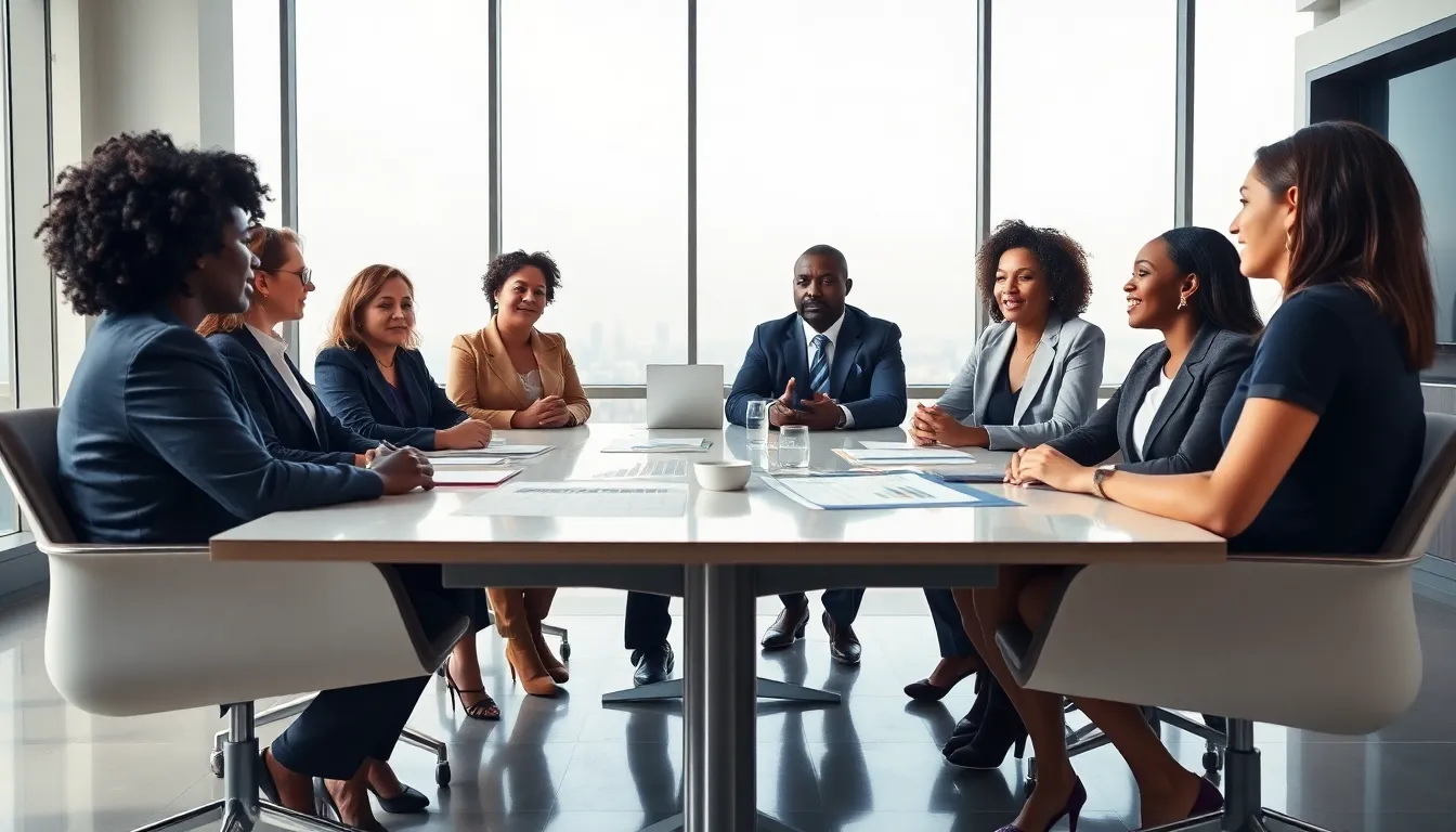 diverse professionals discussing educational equality in a modern office.