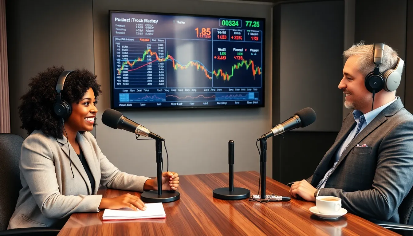 diverse podcast hosts discussing stock market insights in a studio.