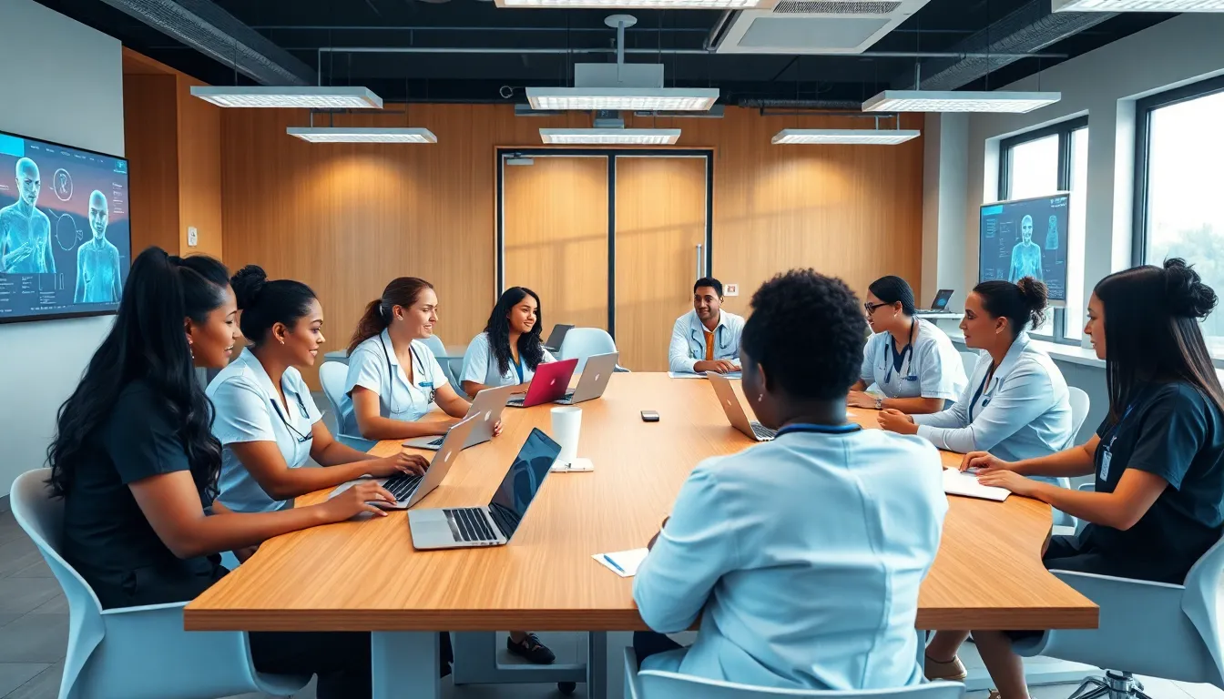 Nursing students engaged in a modern classroom with technology and collaboration.