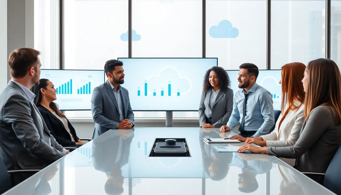 professionals discussing cloud migration strategies in a modern office.