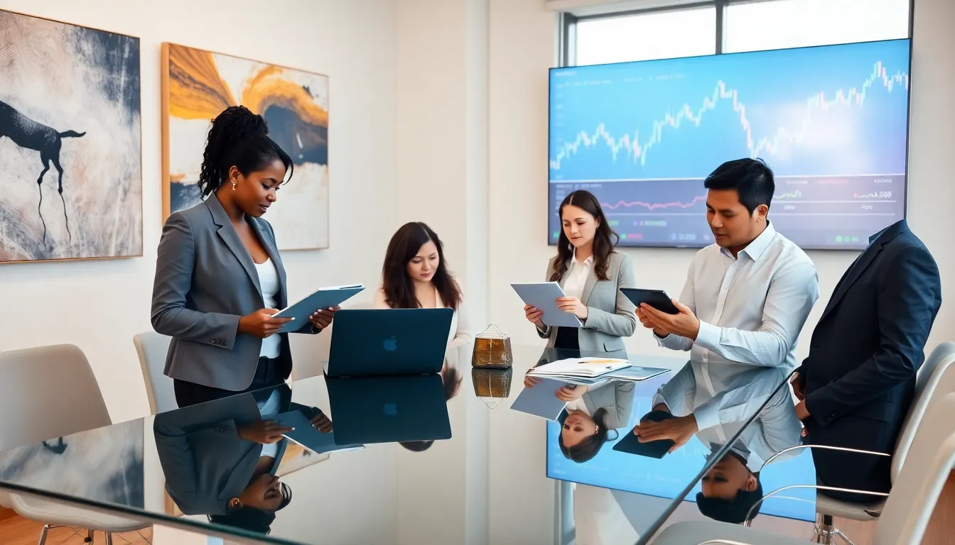diverse professionals discussing election impacts on the stock market.