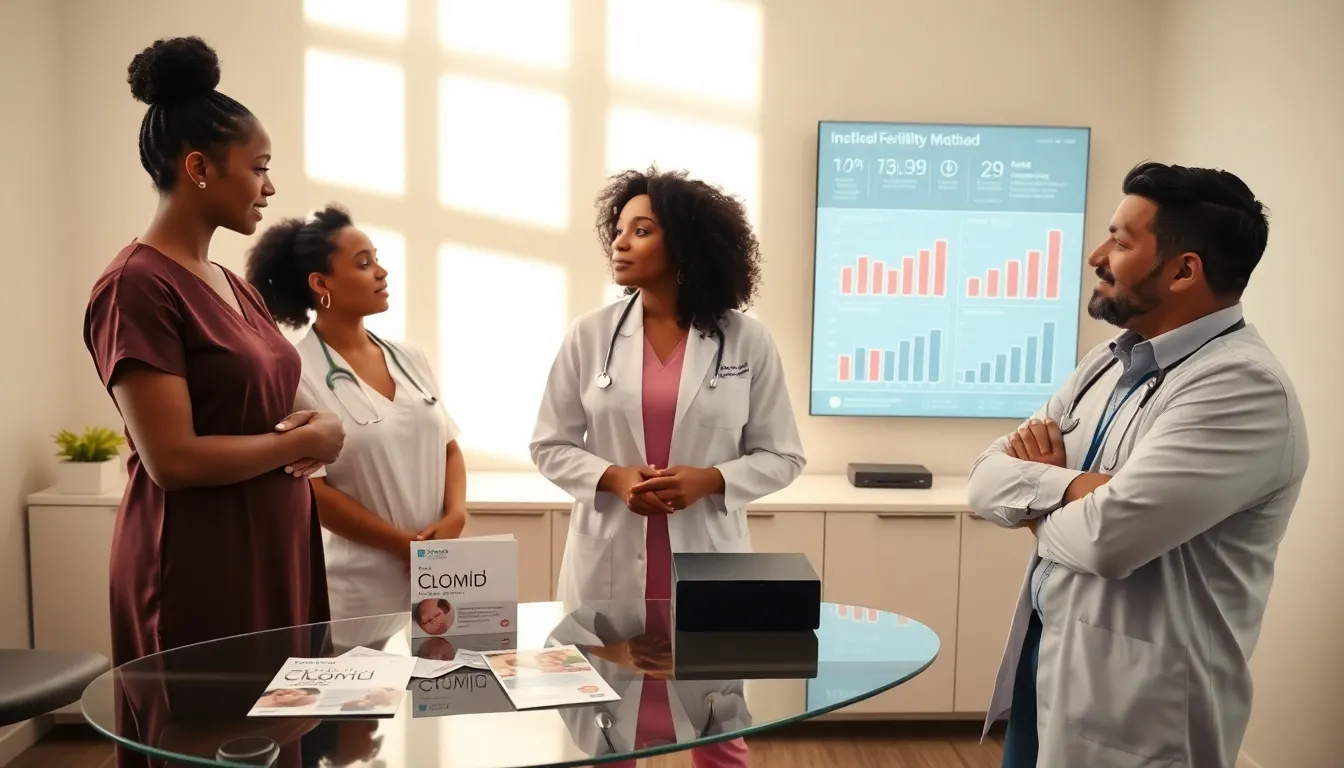 Healthcare professionals discussing Clomid treatment in a modern office.