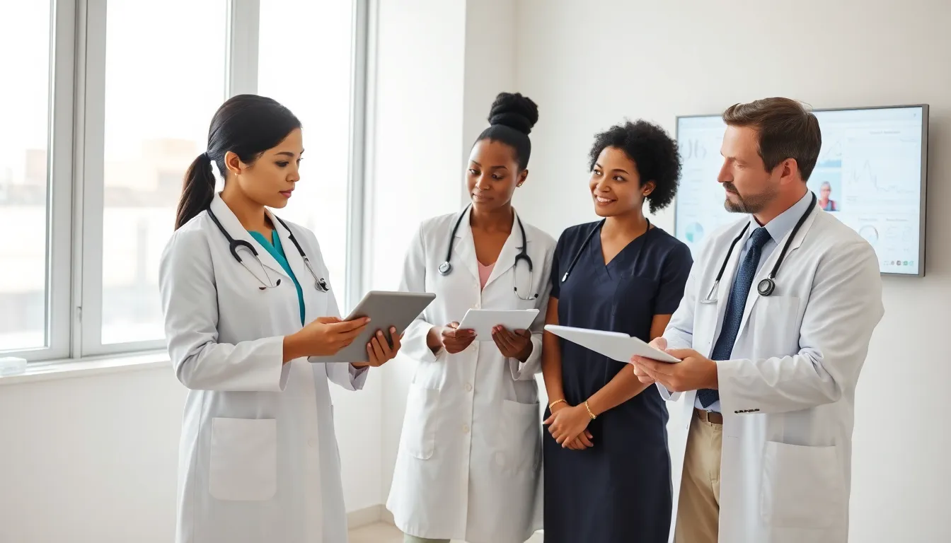 healthcare team discussing Lynparza success stories in a modern office.