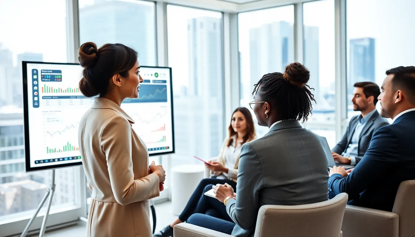 diverse professionals learning in a modern stock market course setting.
